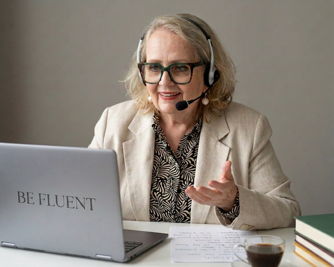 Lelik Eszter angoltanár egy online órán, fejhallgatóval és mikrofonnal, laptopján 'Be Fluent' felirattal.