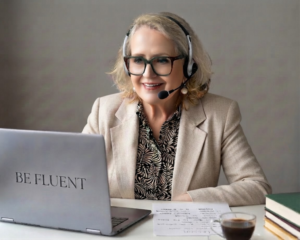 Lelik Eszter angoltanár egy online órán, fejhallgatóval és mikrofonnal, laptopján 'Be Fluent' felirattal.